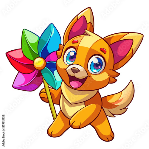 Chibi dog holding a colorful pinwheel with joyful expression