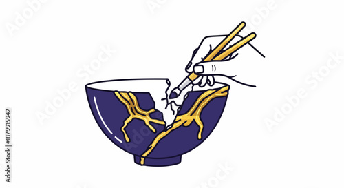 Kintsugi art: Hand repairing a broken ceramic bowl with gold lacquer, highlighting imperfections as beauty