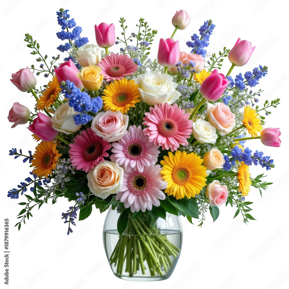 Obraz premium Vibrant assortment of fresh spring flowers in a clear glass vase perfect arrangement isolated on transparent background