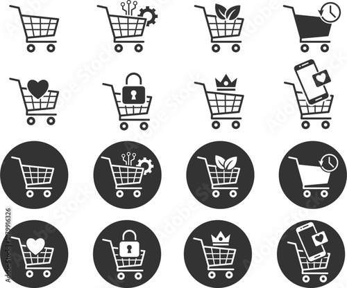Two shopping carts with heart icon on dark circles