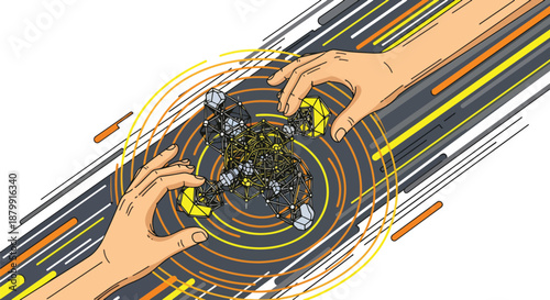 Two hands reaching towards a complex mechanical robot or AI structure with glowing energy rings and abstract lines