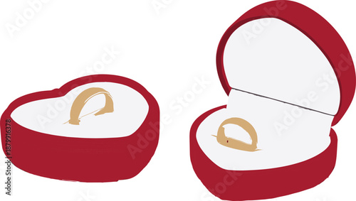 Romantic gold wedding ring in red heart shaped jewelry box, engagement proposal symbol, love and commitment concept, minimal vector illustration isolated on white background