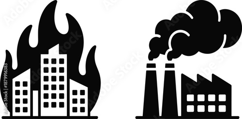 Black and white vector icons showing city building on fire and factory chimneys with smoke