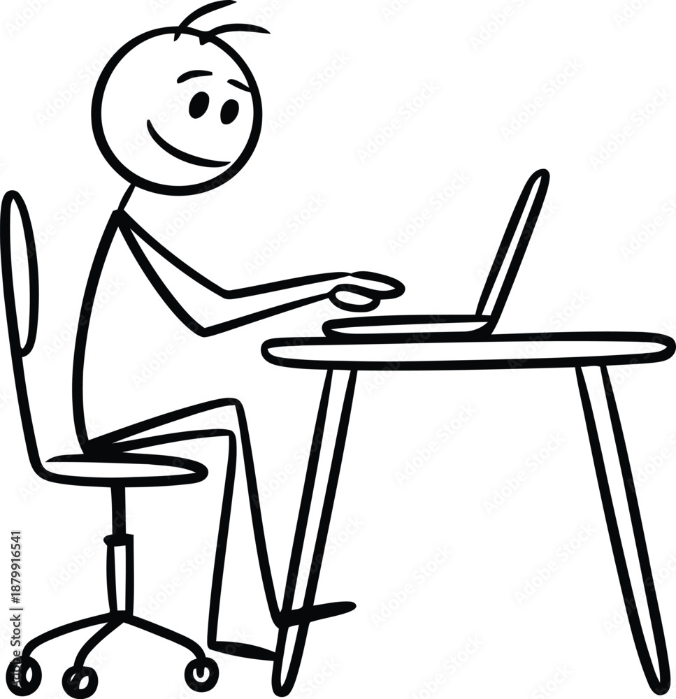 Fototapeta premium A stick figure person sits at a desk typing on a laptop computer with a relaxed posture and focus
