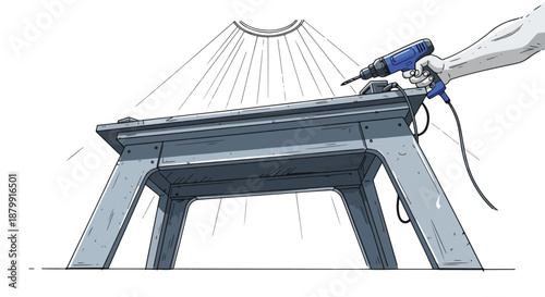 Detailed illustration of a person's hand operating an electric drill, creating holes in a piece of wood on a sturdy work table, symbolizing craftsmanship and DIY.