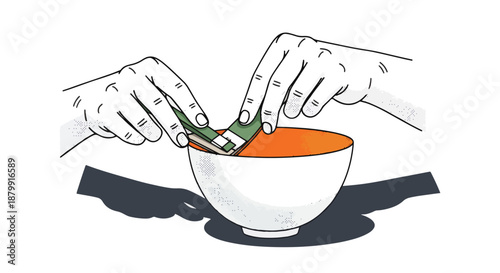 Hands dipping a tea bag into a warm orange liquid in a white bowl, illustrating the preparation of a soothing beverage or herbal infusion.