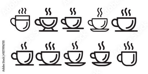 Quadro su tela Hot Coffee Cups Icons Set. Different Styles for Morning Beverage.