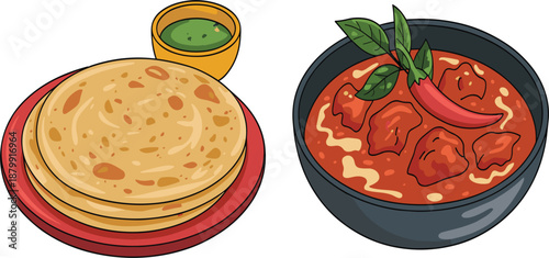 Spicy Indian chicken curry served with flaky paratha bread and green chutney in vector illustration
