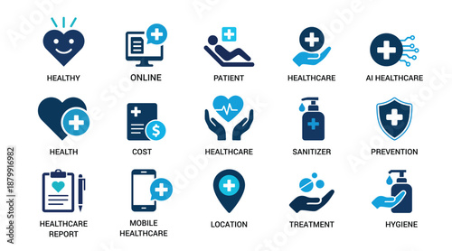 Healthcare icon bundle. Containing treatment, prevention, medical, health, diagnosis, injury and more. Solid vector icons collection.

