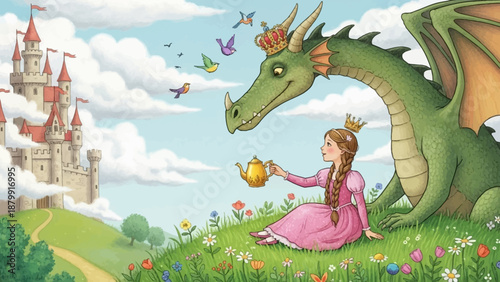 A princess offers tea to a friendly crowned dragon on a flowery hill with a fairytale castle in the background under a cloudy sky.