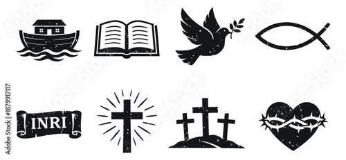 Distressed christian symbols set featuring noah's ark, holy bible, dove, fish, crosses, inri scroll, and sacred heart for religious design