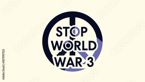 A graphic design featuring a dark blue and light purple peace symbol with the text 'STOP WORLD WAR 3' in white, set against a light background.