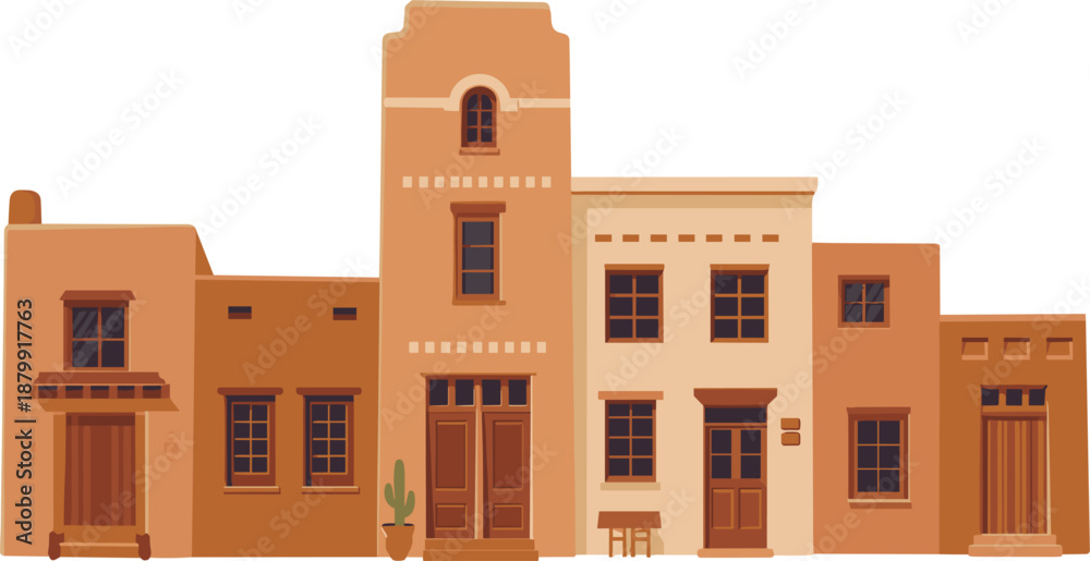 Naklejka premium Vintage Wild West adobe town buildings vector illustration featuring rustic desert architecture and southwestern storefronts