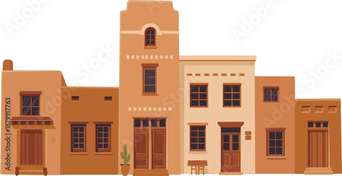 Vintage Wild West adobe town buildings vector illustration featuring rustic desert architecture and southwestern storefronts