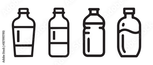 Set of stylized bottle icons with varying shapes and fill levels.