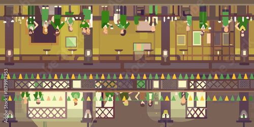A cozy indoor cafe scene with hanging plants and a patio view