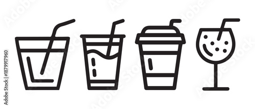 Collection of Beverage Icons. Drinks in Glasses and Cups with Straws.
