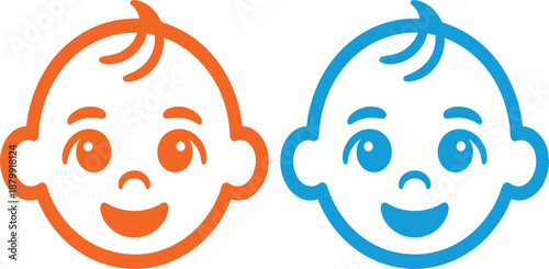 Cute orange and blue baby face icons featuring happy smiling expressions for nursery design projects