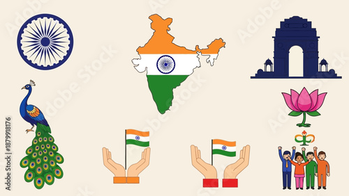 A collection of Indian national symbols including the Ashoka Chakra, map, India Gate, peacock, lotus, and people celebrating with flags.