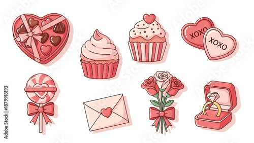 A collection of cute cartoon illustrations depicting various Valentine's Day gifts and romantic symbols like chocolates, cupcakes, roses, and a diamond ring.