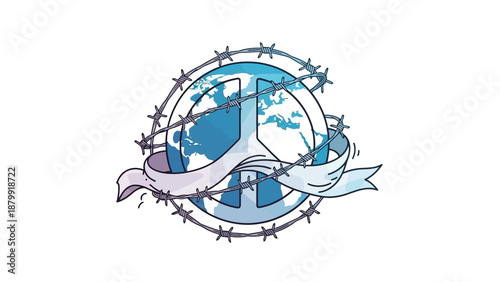 A globe with a peace symbol wrapped in barbed wire and a ribbon, symbolizing conflict and hope for global unity.