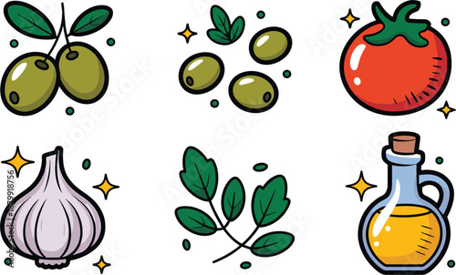 Colorful hand drawn kitchen icons of healthy organic vegetables and dressing for salad recipes illustration