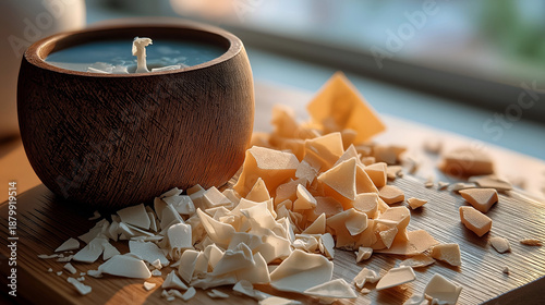 Close-up of handcrafted wooden bowl candle with soy wax surrounded by broken soy wax pieces on warm wooden table with soft window light and blurred interior background. Concept of cozy home aromather