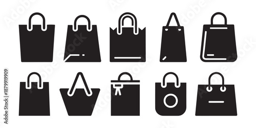 Collection of shopping bag icons with handles in various designs.