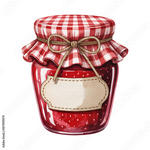 A jar of strawberry jam is adorned with a gingham-patterned cloth and label.