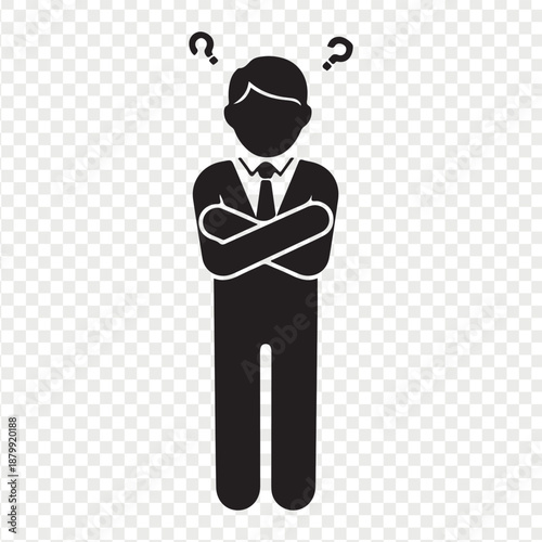 Businessman with question marks thinks standing