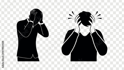 Silhouettes of stressed businessmen holding heads in despair isolated on a transparent background.