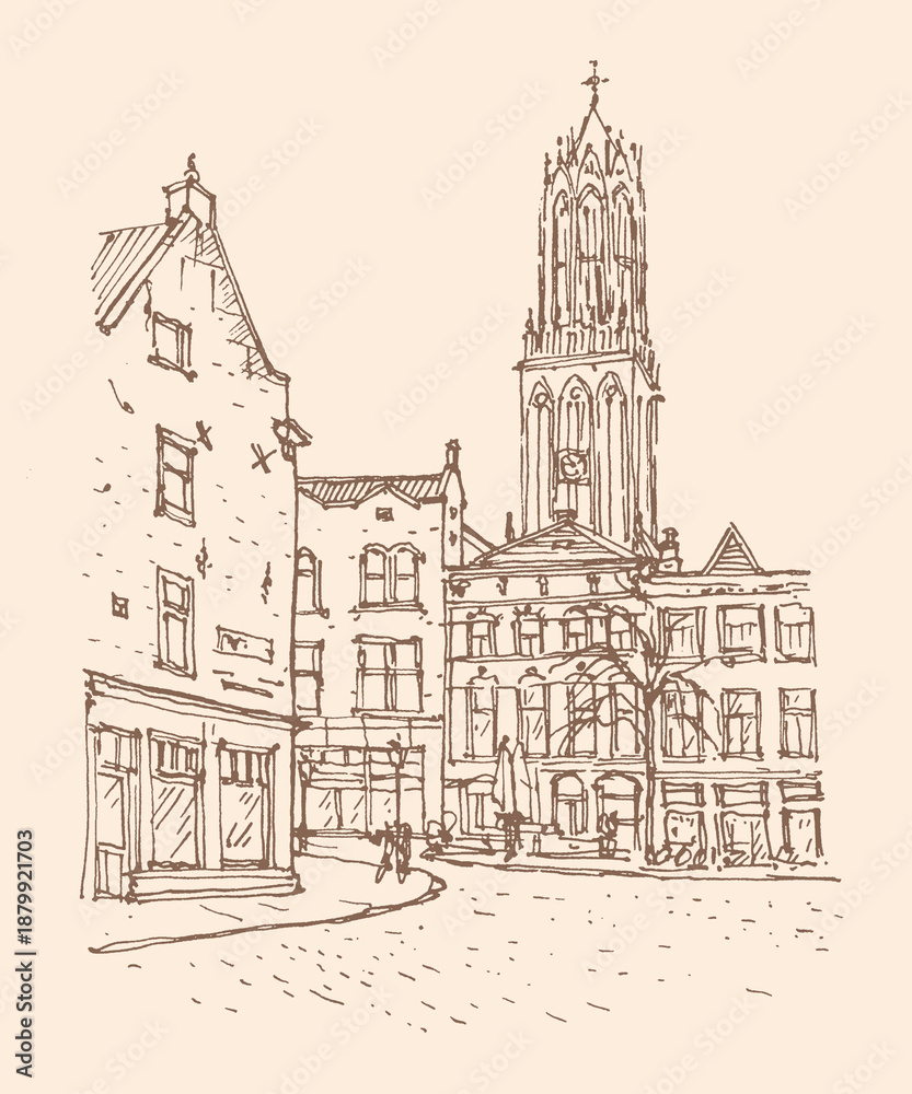 Obraz premium Hand-drawn urban sketch of Utrecht city square featuring the iconic Gothic Dom Tower and classic buildings. Minimalist brown line art on beige background, graphic illustration, travel postcard
