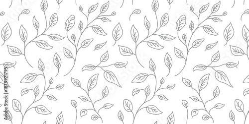 Seamless pattern with delicate hand drawn gray line art spring foliage and small branches on white background