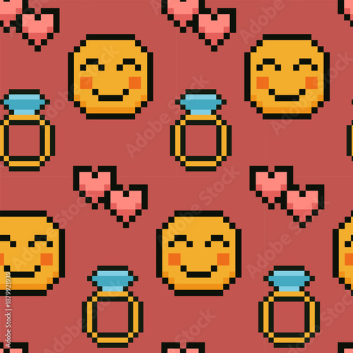 Seamless pixel love pattern with smiling faces, hearts and engagement rings. Perfect for Valentines Day designs, dating apps, social media, gifts, branding, backgrounds and romantic digital projects.