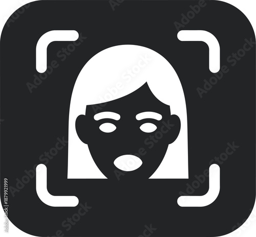 A surprised woman's face is framed by a camera viewfinder in a graphic illustration