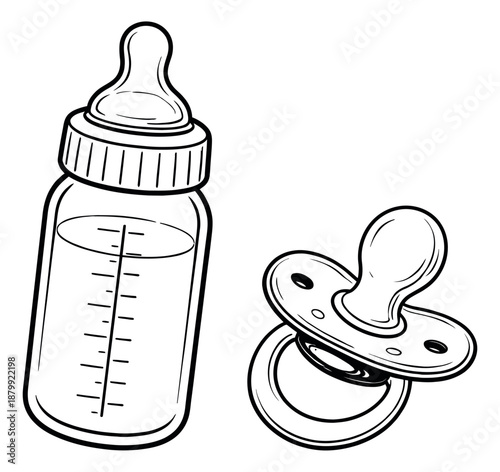 Hand drawn line art baby essentials set featuring a baby bottle and a pacifier for newborn care