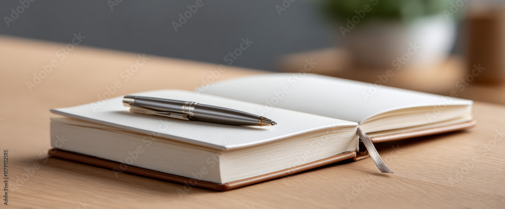 Naklejka premium Open blank notebook with silver pen resting on wooden table in soft natural light with blurred background