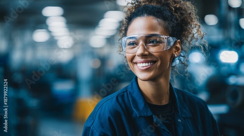 Smiling female engineer with safety glasses in a manufacturing plant