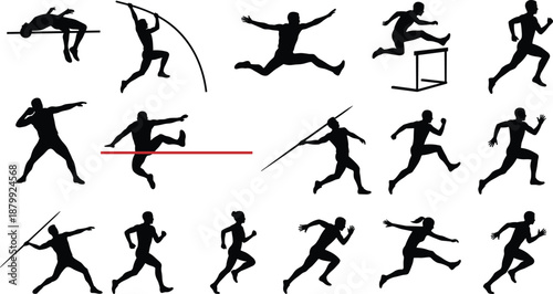 Track and field athlete silhouettes, sports motion illustration, dynamic athletic poses, black design, fitness activity art, competition concept, vector clipart