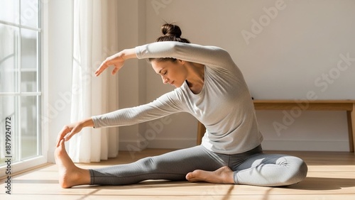 Gentle Yoga Stretch in Bright Minimal Home