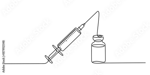 Continuous line drawing of a medical syringe and vial for injection or vaccination Vector, illustration