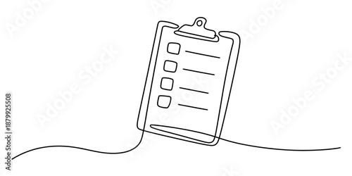 A minimalist single continuous line drawing illustrating a checklist on a clipboard Vector, illustration