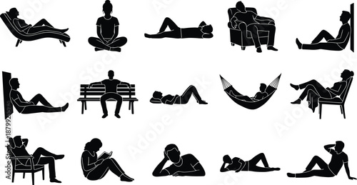 Relaxed human silhouettes, sitting poses, resting figures, leisure posture, hammock, lounging, reading, ergonomic rest, casual seating, peaceful break