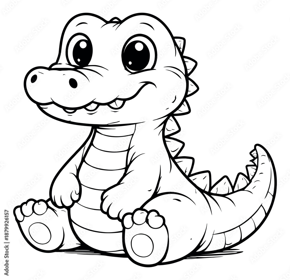 Fototapeta premium Hand drawn line art illustration of a cute baby alligator depicting it sitting happily for kids entertainment