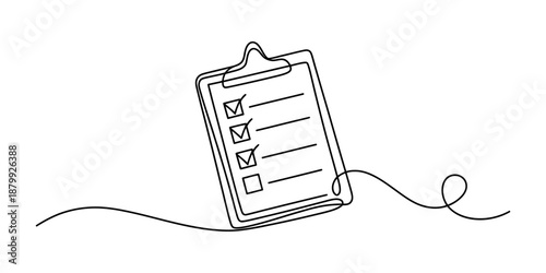 Continuous line art drawing of a clipboard checklist with checkmarks Vector, illustration