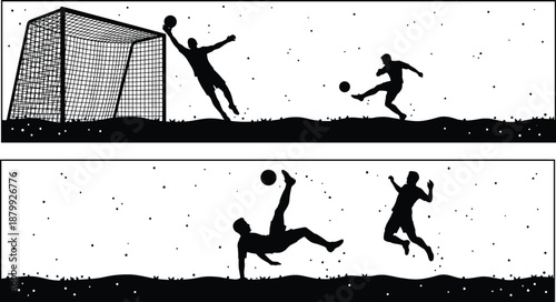Soccer silhouettes, goalkeeper save, bicycle kick, goal attempt, dynamic action, sports scene, black icons, athletic motion, competitive play, outdoor field