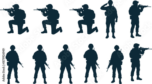 Soldier silhouette, rifle stance, kneeling pose, saluting figure, military posture, battlefield readiness, army gear, defense strategy, war zone, discipline