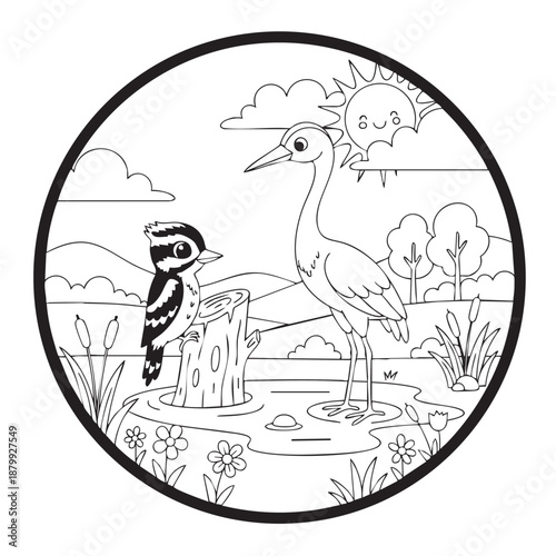 Woodpecker coloring book page design.