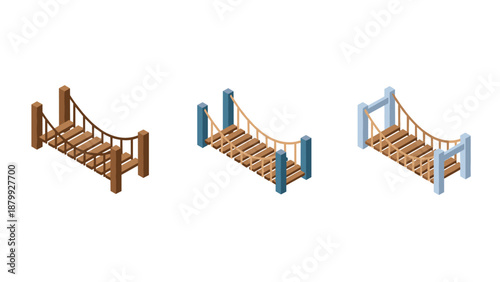 Three isometric rope bridges with wooden planks and different colored posts