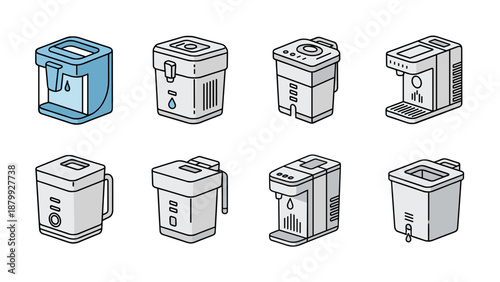Collection of isometric line art icons representing various water dispensers and coffee makers